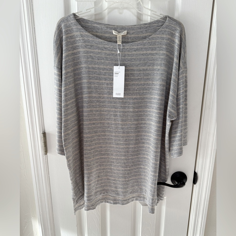 NWT Eileen Fisher Bateau Neck Box Top XL Heather Tencel Stretch Stripe